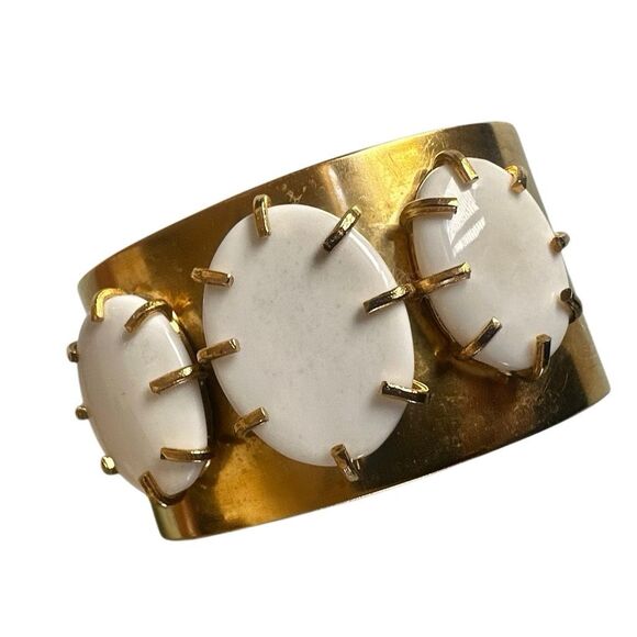 Bold Gold-Tone Brass Cuff Bracelet with White Resin Cabochons - Picture 6 of 7